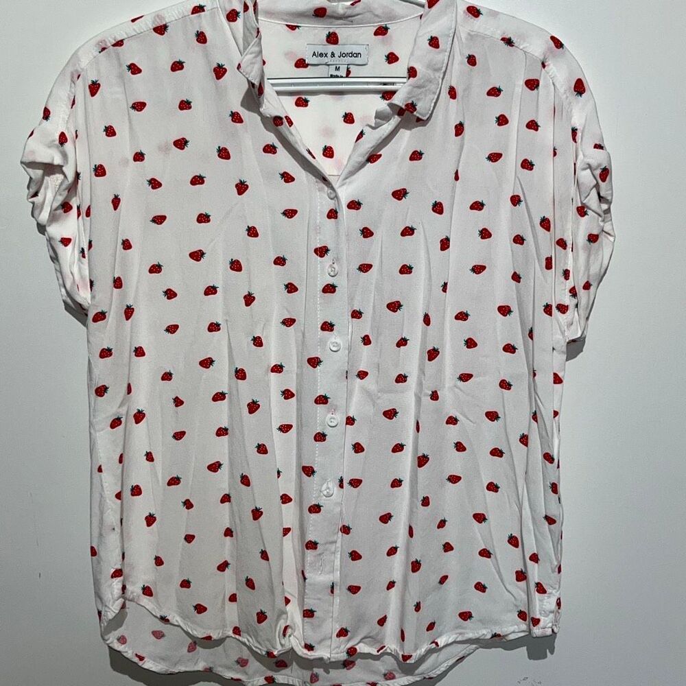 Alex & Jordan Multicolor Strawberry Print Cuffed Sleeve Button Up Shirt Medium